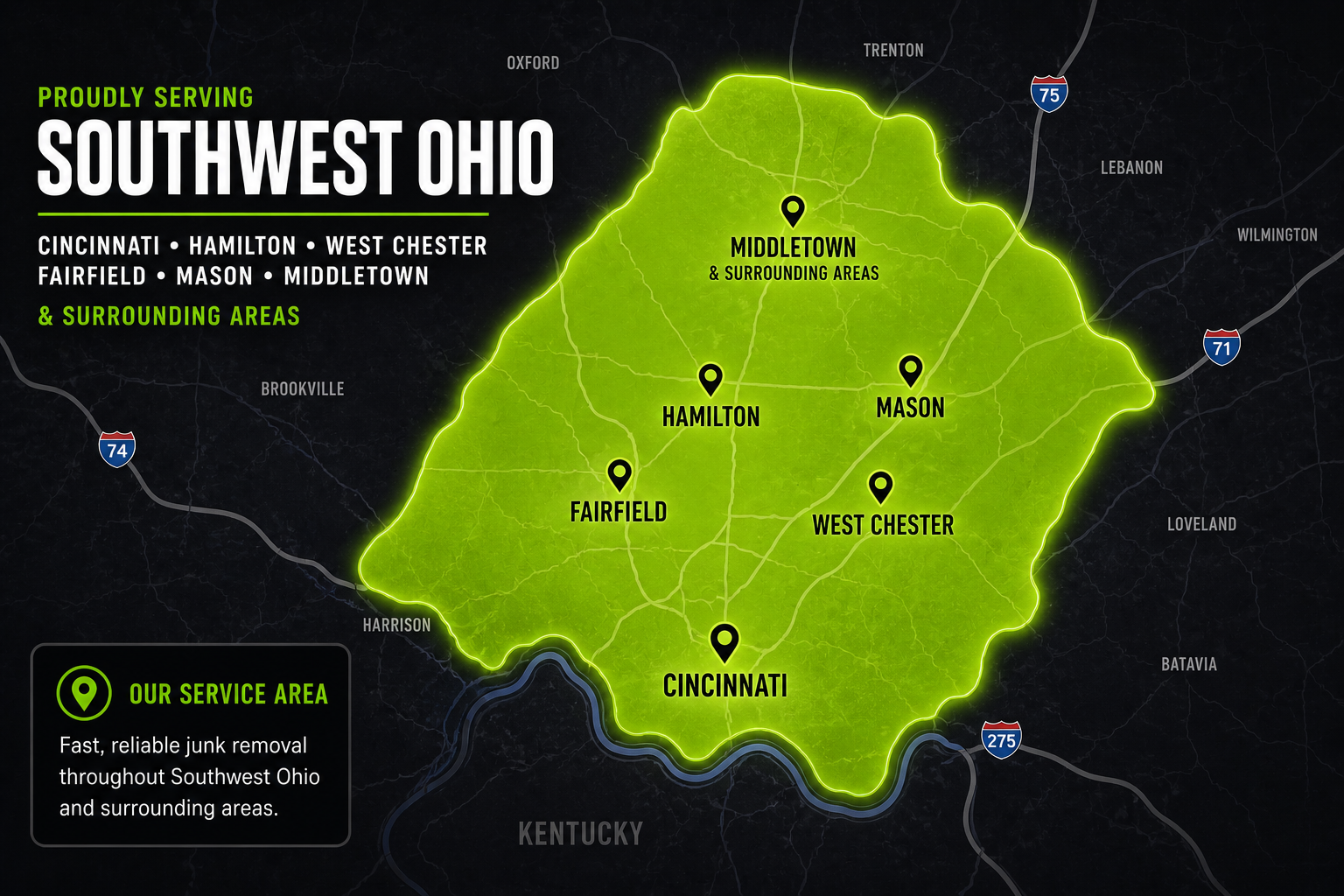 Southwest Ohio service area map showing Cincinnati, Hamilton, West Chester, Fairfield, Mason, and Middletown